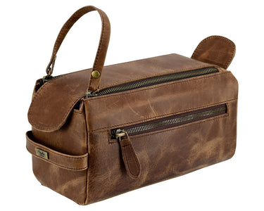 Premium Cowhide Leather Toiletry Bag Travel Dopp Kit Distressed Brown -
